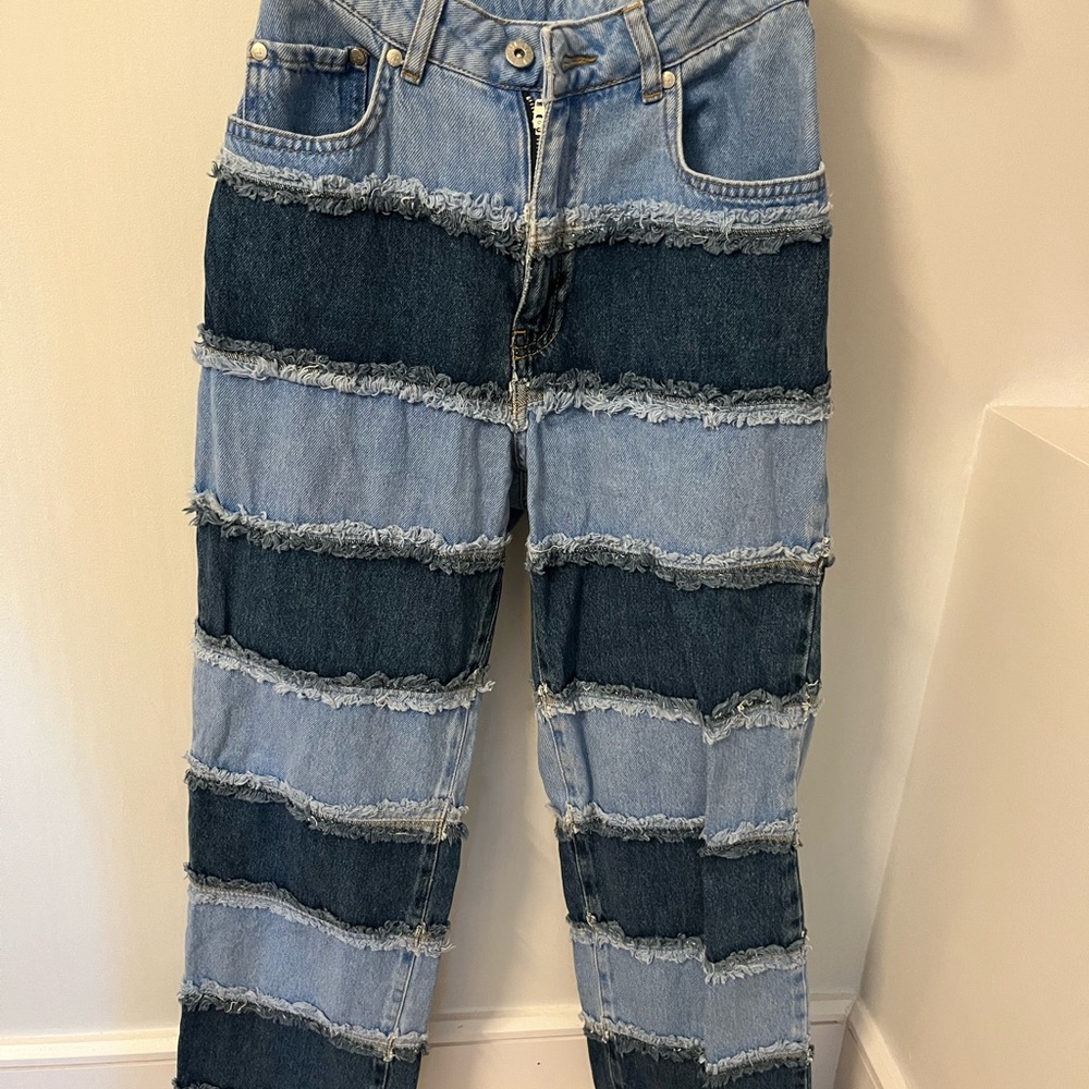 Ragged Jeans Striped Denim Patchwork Jeans